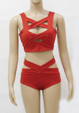 Red Plain Cut Out Hollow-out 2-in-1 V-neck Swimwear