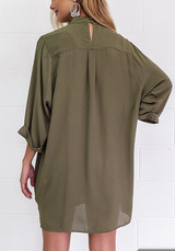 Army Green Cut Out Irregular Draped V-neck Fashion Chiffon Blouse