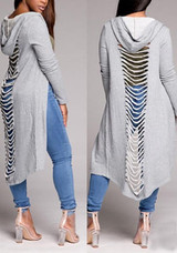 Grey Cut Out Destroyed Ripped Hooded Casual Cardigan Coat