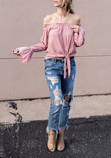 Pink Boat Neck Off Shoulder Ruffle Long Sleeve Fashion Blouse