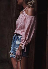 Pink-White Striped Bow Halter Neck Off Shoulder Backless Sweet Blouse