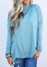 Blue Patchwork Cut Out Off Shoulder Knit Pullover Sweater