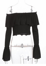 Black Ruffle Bandeau Backless Off Shoulder Long Sleeve Party T-Shirt