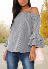 Grey Plaid Irregular Ruffle Boat Neck Long Sleeve Casual Blouse