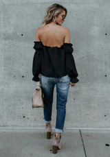 Black Plain Drawstring Ruffle Boat Neck Fashion Blouse Black Plain Drawstring Ruffle Boat Neck Fashion Blouse