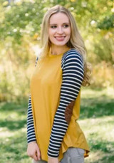 Yellow Patchwork Striped Print Round Neck Casual T-Shirt