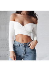 White Plain Crop Boat Neck Fashion T-Shirt