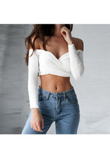 White Plain Crop Boat Neck Fashion T-Shirt