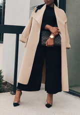 Camel Sashes Pockets Turndown Collar Long Sleeve Elegant Cardigan Wool Coat