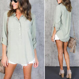 Green Plain Single Breasted V-neck Casual Blouse Green Plain Single Breasted V-neck Casual Blouse