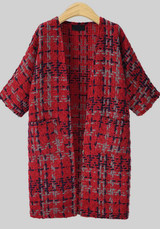 Red Plaid Pockets V-neck No Button Long Sleeve Cardigan Coat