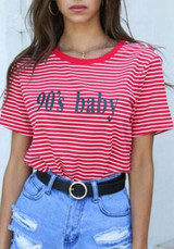 Red Striped Round Neck Short Sleeve T-Shirt