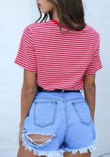 Red Striped Round Neck Short Sleeve T-Shirt