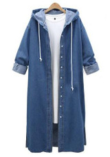Dark Blue Drawstring Buttons Side Slit Hooded Casual Denim Long Coat
