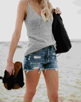 Grey Floral Spaghetti Strap Backless Deep U-neck Bohemian Going out Casual Vest
