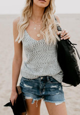 Grey Floral Spaghetti Strap Backless Deep U-neck Bohemian Going out Casual Vest