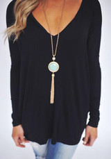 Black Plain V-neck Long Sleeve Fashion T-Shirt