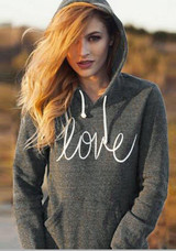 Dark Grey Love Monogram Print Drawstring Pockets Hooded Long Sleeve Casual Pullover Sweatshirt