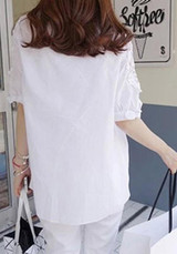 White Patchwork Irregular Draped Lace V-neck Elbow Sleeve Blouse White Patchwork Irregular Draped Lace V-neck Elbow Sleeve Blouse