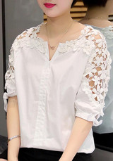White Patchwork Irregular Draped Lace V-neck Elbow Sleeve Blouse White Patchwork Irregular Draped Lace V-neck Elbow Sleeve Blouse