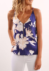 Blue-White Flowers Spaghetti Strap Zipper Deep V-neck Vest