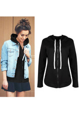 Black Plain Zipper Pockets Round Neck Casual Coat