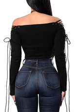 Black Plain Bandeau Boat Neck Off-shoulder Lace-up Crop T-shirt