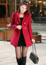 Red Pockets Buttons Double Breasted Long Sleeve Fashion Wool Coats