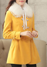 Yellow Patchwork Fur Collar Pockets Bow Double Breasted Long Sleeve Coat