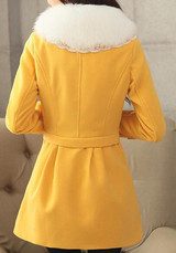 Yellow Patchwork Fur Collar Pockets Bow Double Breasted Long Sleeve Coat