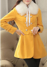 Yellow Patchwork Fur Collar Pockets Bow Double Breasted Long Sleeve Coat