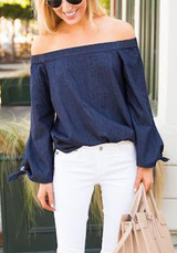 Blue Bow Off Shoulder Long Sleeve Fashion Jean Blouse