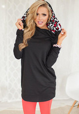 Black Leopard Print Hooded Long Sleeve Fashion Pullover Sweatshirt
