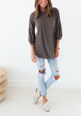 Khaki Striped Irregular Round Neck Casual T-Shirt