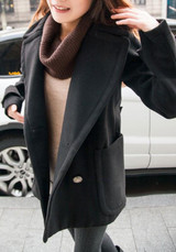 Black Pockets Buttons Tailored Collar Long Sleeve Wool Coat