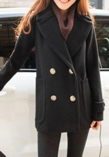Black Pockets Buttons Tailored Collar Long Sleeve Wool Coat