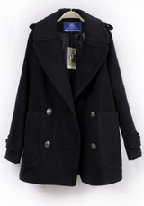 Black Pockets Buttons Tailored Collar Long Sleeve Wool Coat