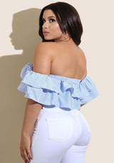 Light Blue Striped Backless Bandeau Cascading Ruffle Off Shoulder Crop Blouse