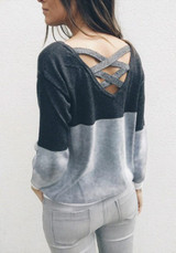 Gery-Black Patchwork Cut Out Backless Round Neck Long Sleeve Casual T-Shirt