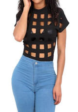 Black Plain Hollow-out Round Neck Short Sleeve T-Shirt Black Plain Hollow-out Round Neck Short Sleeve T-Shirt