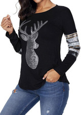 Black Sequin Patchwork Round Neck Long Sleeve Fashion T-Shirt