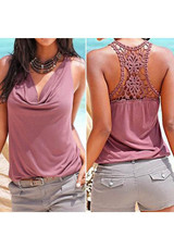 Purple Red Patchwork Lace Ruffle Cut Out V-neck Fashion Vest