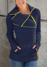 Blue Plain Irregular Zipper Pockets Casual Pullover Sweatshirt