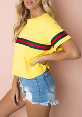 Yellow Striped Print Round Neck Casual Going out T-Shirt