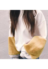 White Patchwork Khaki Fur Long Sleeve Round Neck Fashion Sweatshirt