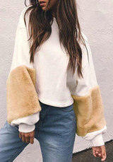 White Patchwork Khaki Fur Long Sleeve Round Neck Fashion Sweatshirt