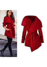 Red Plain Belt Irregular Turndown Collar No Button Fashion Coat
