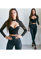 Black Patchwork Crop Lace Cut Out Blouse