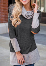 Grey Patchwork Cowl Neck Long Sleeve Fashion T-Shirt