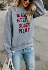 Grey Letter Print Round Neck Long Sleeve Loose Casual Pullover Sweatshirt